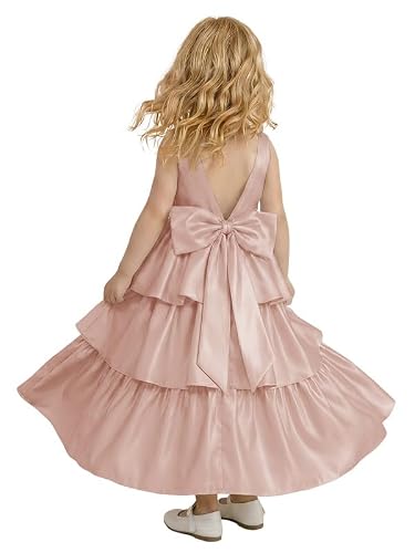 Habteens Satin Junior Bridesmaid Dresses for Wedding Teen Round Neck V Back Bow Knot Sleeveless Blush Pink Tiered Dress Holiday Birthday Graduation Ball Gown 12