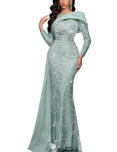 VOUIAO Women Sequin Beaded Mermaid Evening Gown Prom Dress Mint Blue L