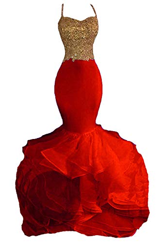 Mermaid Beaded Lace Ruffles Long Formal Prom Evening Dresses Gold and Red US 14