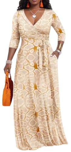 PerZeal Womens Summer Boho V Neck Printed Pattem Maxi Dress 3/4 Sleeve Dresses Slim Waisted Wedding Party Sundress XXX-Large
