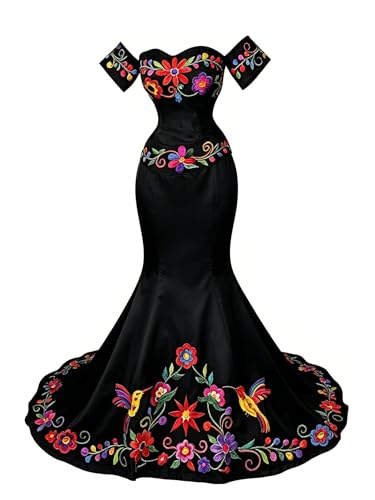 Gothic Mermaid Black Wedding Bridal Dresses for Women Bride Country Colorful Flower Embroidery Satin Off the Shoulder Reception Prom Evening Formal Dress 24W