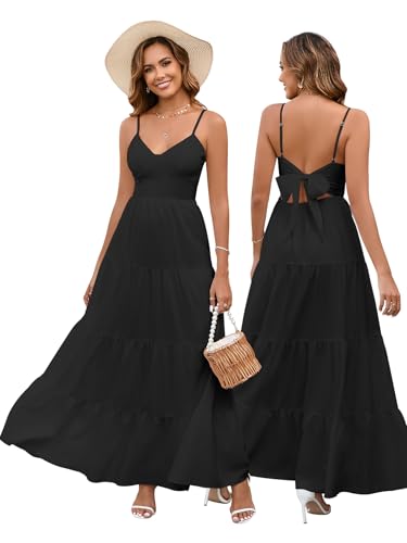 HTZMO Women Summer Floral Maxi Sundress Boho Beach Long Dress Black S