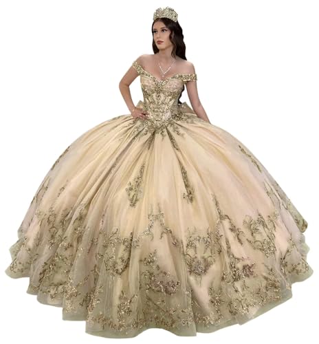 Mauuwy Champagne Quinceanera Dress with Gold Lace Applique Size 0 | Beading Bow Sweet 16 Dress for Prom Party ,Off Shoulder Ball Gowns