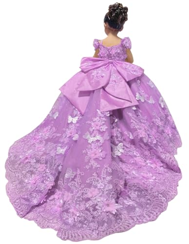 Mauuwy Tulle Lilac First Communion Dress for Girls 3D Butterfly and Floral
