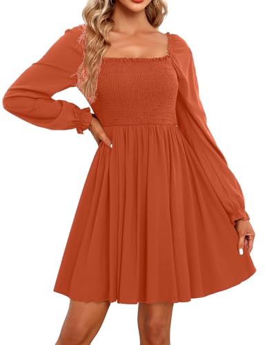 Fall Long Sleeve Dress Orange Casual Square Neck Aline Short Dress