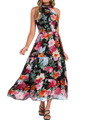 Simplee Womens Summer Halter Wedding Guest Dress Maxi Floral Vacation Boho Sundresses Flowy Formal Long Travel Dresses 2026(Medium,Black)