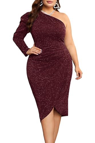 KIMCURVY Plus Size Dresses Wedding Guest One Shoulder Ruched Wrap Asymmetrical Hem Women's Club & Night Out Dresses Wine 14W