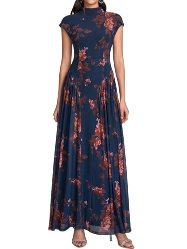 Floral Summer Maxi Long Garden Formal Wedding Guest Dress for Women Elegant | Modest Classy Style, Mock Neck, A Line, with Lined