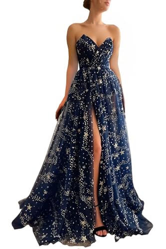 UZN Long Strapless Prom Dress 2025 V-Neck Sparkle Starry Tulle Sleeveless A-Line with Slit Formal Evening Party Gown Navy Blue US12