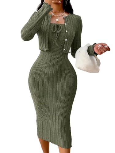 Women's Two-Piece Set: Bow Tie Neckline Dress with Matching Jacket, Casual Solid Color Outfit for Women, Work & Party Wear (US, Alpha, Medium, Regular, Regular, Military Green)