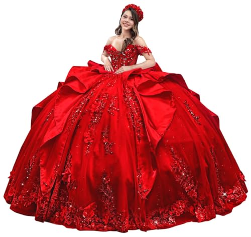 Mauuwy Red Beaded Appliques Quinceanera Dresses with Bow Size 6