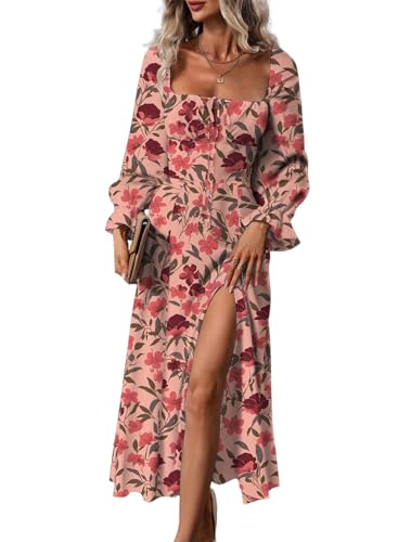 BLENCOT Womens Floral Square Neck Long Sleeve Dress Side Split Thigh Tie Front Flowy Boho Maxi Dresses Red Flroal Printed M