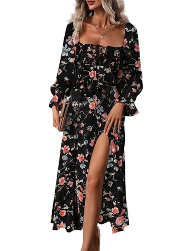 BLENCOT Women's Floral Print Puff Long Sleeve Maxi Dress Sexy Square Neck Tie Front Ruffle Hem Split A-line Beach Dresses Black M