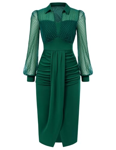 Belle Poque Womens Vintage Dress Mesh Long Sleeve Dresses Dark Green M | Ruched Dress,Mesh Polka Dot Sleeve,Button Down Collar,Suitable for work/cocktail/wedding guest/festive Looks