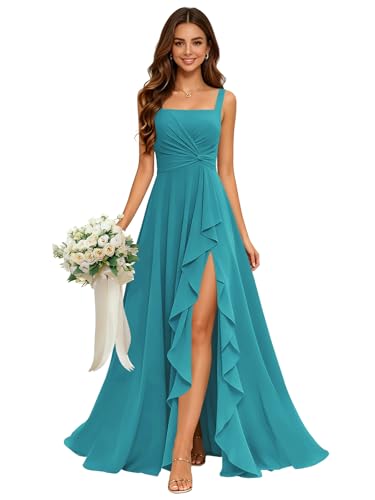 Eightale Simple Chiffon Pleated Bridesmaid Dresses A-Line Aqua Square Neck Wide Straps Long Ruffle Formal Evening Gown with Slit Size 8