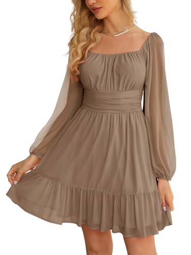 Wenrine Women's Mesh Long Sleeve Dress A Line Flowy Casual Mini Dresses | Square Neck, High Waist, Sexy mesh, Ruffle Hem, Party Club, Cocktail, vacation, Hoco