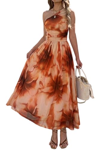 Evzeiem Women One Shoulder Floral Wedding Guest Dress Floral Caramel L