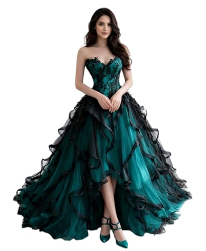 Dydsz Gothic Teal Prom Dress for Women High Low Evening Formal Gown 6