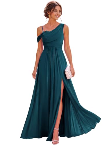 Ever-Pretty Women's Sleeveless Chiffon Summer Formal Wedding Guest Dresses One Shoulder A-Line Split Bridesmaid Dress Teal Blue US8