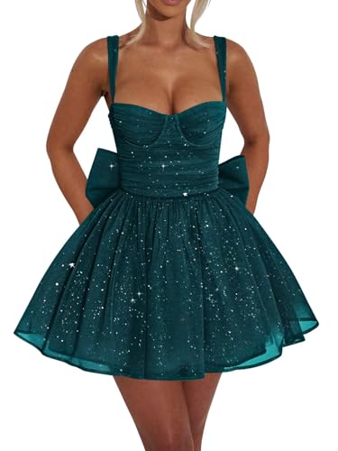 UZN Homecoming Dresses for Teens 2026 Peacock Sparkly Tulle Spaghetti Straps Short Prom Dress Cocktail Party with Bow on Back US0