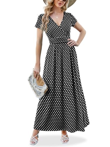 ANRILITA Short Sleeve Dress for Women 2026 Casual Midi Flowy Empire Waist Wrap V Neck Dress Floral Long Dresses with Pockets Summer Vacation Outfits