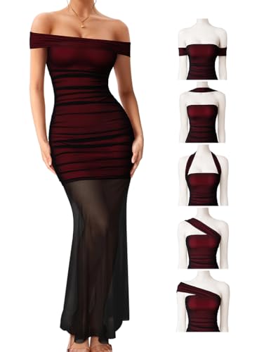 LAGSHIAN Women's Sexy Maxi Dress Off Shoulder Sleeveless Ruched Bodycon Mesh Evening Long Dresses Black Red