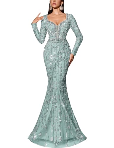 VOUIAO Women Sequin Beaded Mermaid Prom Dress Evening Gown Mint Blue S