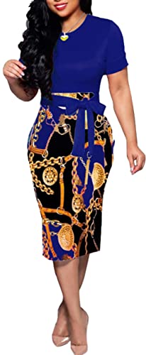 BOGURST Stretchy Prints Pencil Dress Short Sleeve Crew Neck Dress Blue M