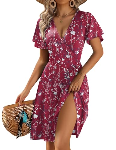 Zeago Red Floral Dresses for Women Cute V Neck Flutter Sleeve A-Line Elegant Sundress Knee Length Wrap Wedding Guest Dress