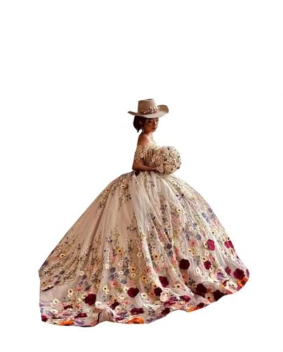Ball Gown Colorful Flower Embroidery Floral Princess Cinderella Quinceanera Bridesmaid Prom Evening Dresses Champagne Mexican Adult Masquerade Maxi Crystal Beaded Long Train Cheap 0