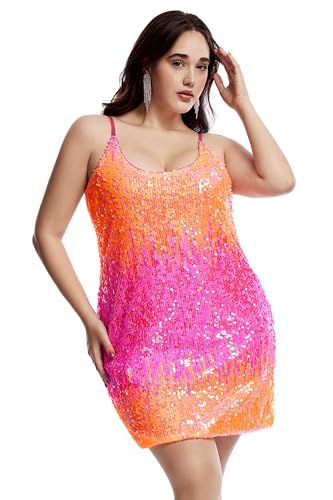 THANKPEARL Women's Sparkly Sequin Dress Spaghetti Strap Glitter Party Cocktail Clubwear Sexy Mini Dresses Pink+Orange,L