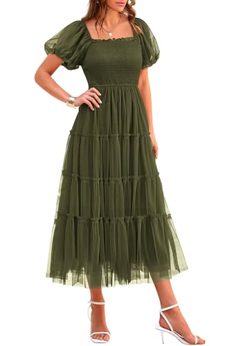 PRETTYGARDEN Women's Summer Smocked Midi Tulle Dress, Army Green,M | Lightweight Flowy Mesh, Puffy Short Sleeves, Square Neck, Elegant Dresses for Wedding Guest, Homecoming Party & Baby Shower