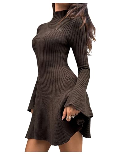 MakeMeChic Women's Bell Sleeve Sweater Dress Mock Neck Mini Dresses