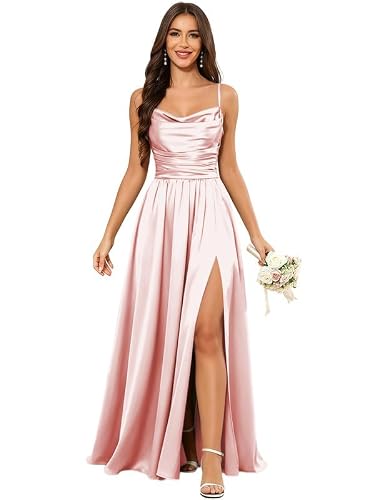 Myewlk Blush Pink Satin Bridesmaid Dress for Women Corset Long Formal Wedding Guest Dresses Evening Gowns US 10