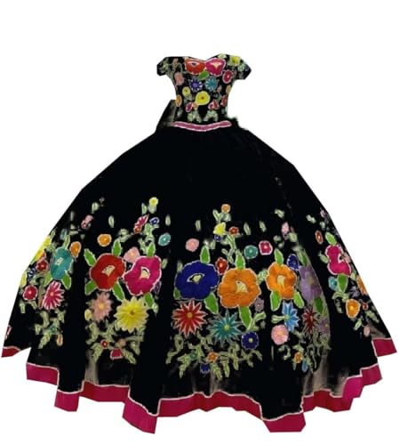 Gothic Black Ball Gown Quinceanera Wedding Guest Bridesmaid Dresses with Sleeves Flower Embroidery Off Shoulder Rustic Masquerade Sweet 16 Homecoming For Teen Girls Junior Plus size Petite 6