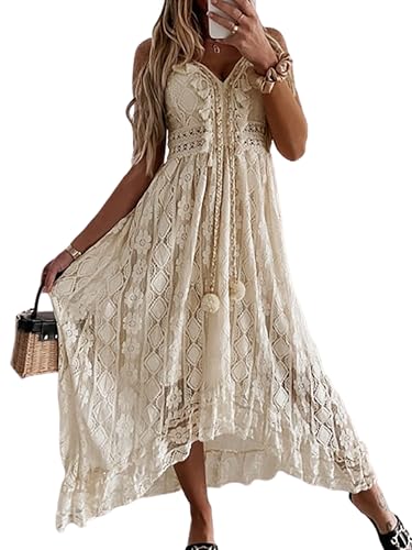 CUPSHE Womens Lace Summer Maxi Dresses 2026 Beach Wear Beige, S