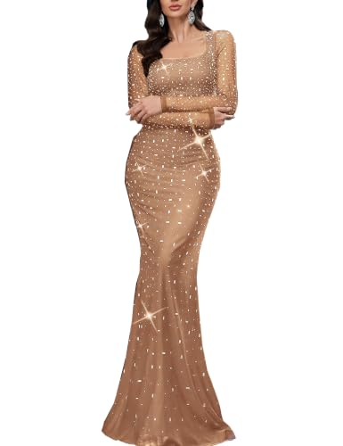 VOUIAO Women Sequin Mermaid Prom Dress Rhinestone Evening Gown Beige S