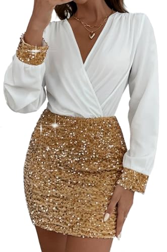 809 - Black Sheer Mesh Long Lantern Sleeves V Neck Sparkle Glitter Pencil Cocktail Dress (Lantern Sleeves White Gold, S)
