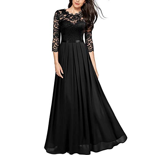 Dresses for Women 3/4 Sleeve Bridesmaid Dress Solid Crew Neck Maxi Dress Vintage Formal Cocktail Party Dresses(Black,Medium)