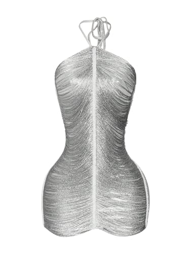 Floerns Women's Halter Neck Fringe Party Mini Dress Club Cocktail Date Night Bodycon Dresses Silver Medium