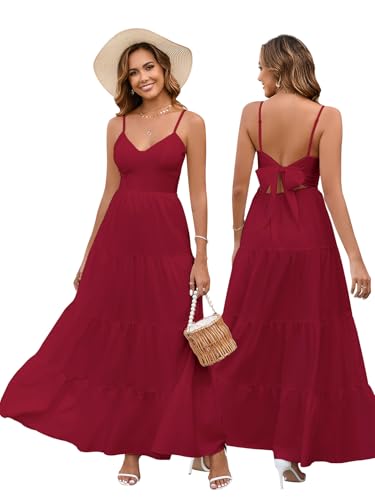 HTZMO Women Summer Floral Maxi Sundress Boho Beach Long Dress Red S