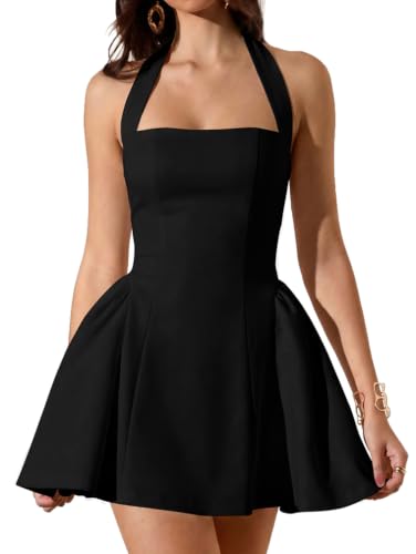 LAGSHIAN Women's Classy Halter Sleeveless Fit and Flare Mini Dress Black