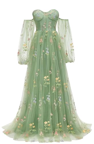 Women's Puffy Sleeve Prom Dresses Flowers Embroidery Tulle Tea Length Formal Evening Party Gowns Green Prom Dress Sage Green Us2