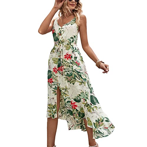 BROVAVE Women's 2025 Summer Casual Boho Sundress Polka Dot Spaghetti Strap V Neck Flowy Midi Dresses(008 Tropical#3, Medium)