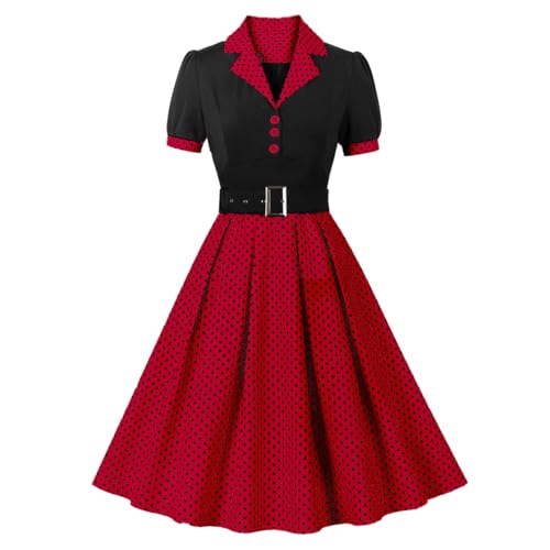 1950s Dresses for Women 50s Style Audrey Hepburn Vintage Rockabilly Retro Short Sleeve Polka Dot Summer A Line Swing Midi Skater Dress Cocktail Party Evening Prom Gown Plus Size Red Black M