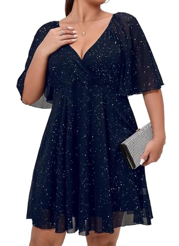 887 - Plus Size Short Sleeves Wrapped V Neck Sequins Glitter Skater Style Cocktail Evening Club Dress (Navy Blue Flutter Sleeves, 3X)