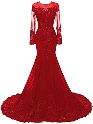 DKBridal Women's Long Sleeves Mermaid Formal Prom Evening Dresses Appliques Beaded Party Gowns B-Red 16