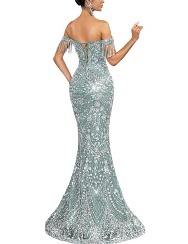 VOUIAO Women Beaded Prom Dresses Sequin Formal Evening Gown mint blue XXL | off shoulder,tassels,rhinestone,champagne gown,bodycon,cocktail,fashionshow,bridal style,lace up back,gala red carpet gowns