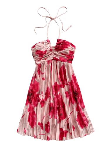 SOLY HUX Women's Tie Dye Summer Cami Dress Halter Backless Short Dresses | Sleeveless, A Line, Sundress, Vacation, Beach Outfits, Red Floral, Medium
