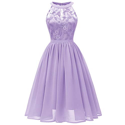 Women's Sleeveless Halter Illusion Neck Floral Lace Formal Dress Vintage 50s 60s Retro Backless Wedding Bridesmaid Cocktail Party Prom Chiffon Pleated A Line Midi Dresses Purple Large